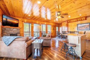 TV, fireplace, DVD player, foosball