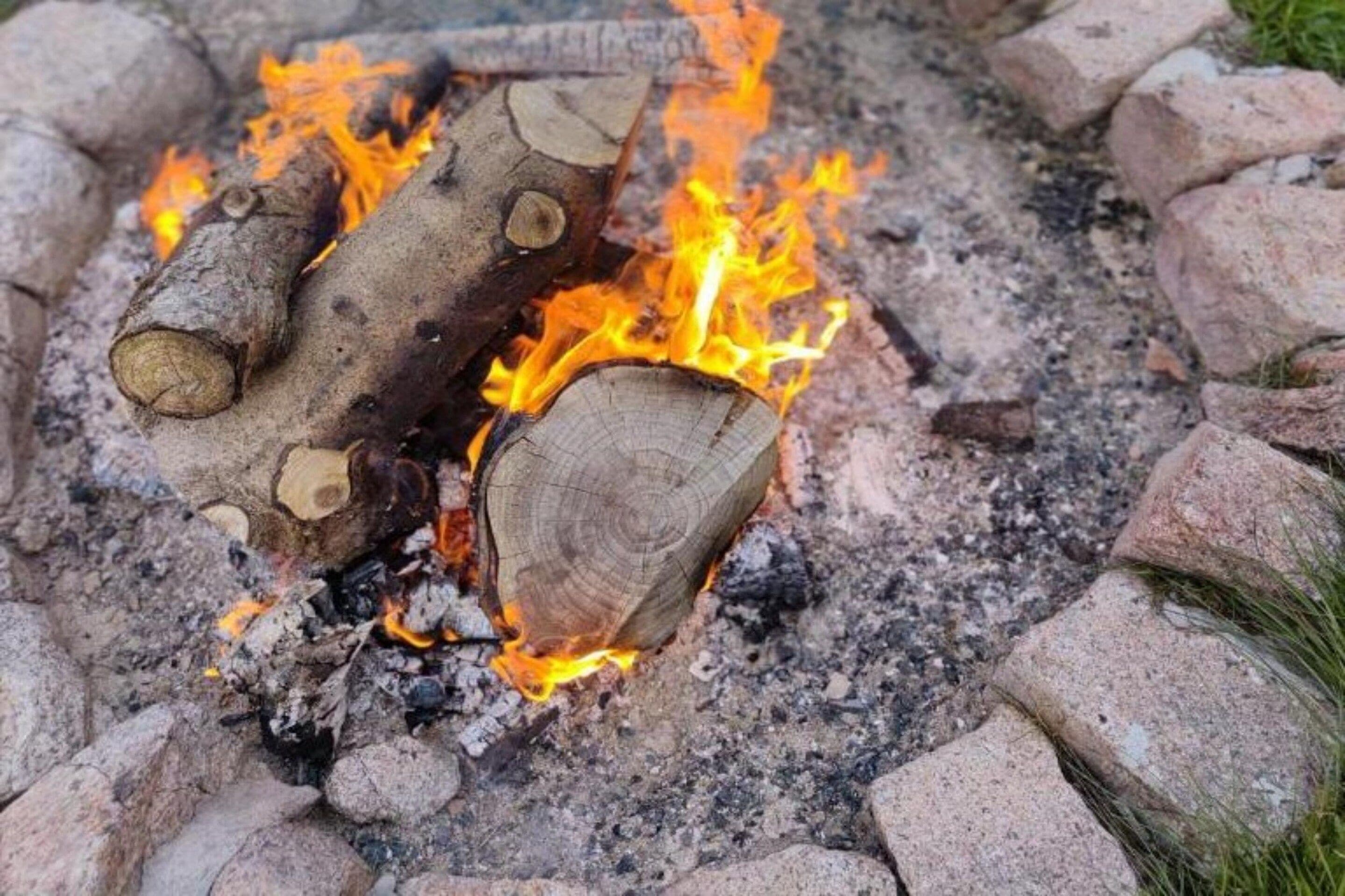 A campfire with logs and burning embers.