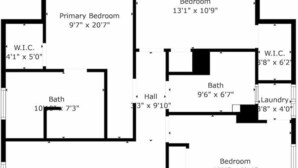 Plano de planta que muestra un dormitorio principal, un dormitorio secundario, sala de estar, comedor, cocina, baño y pasillo.