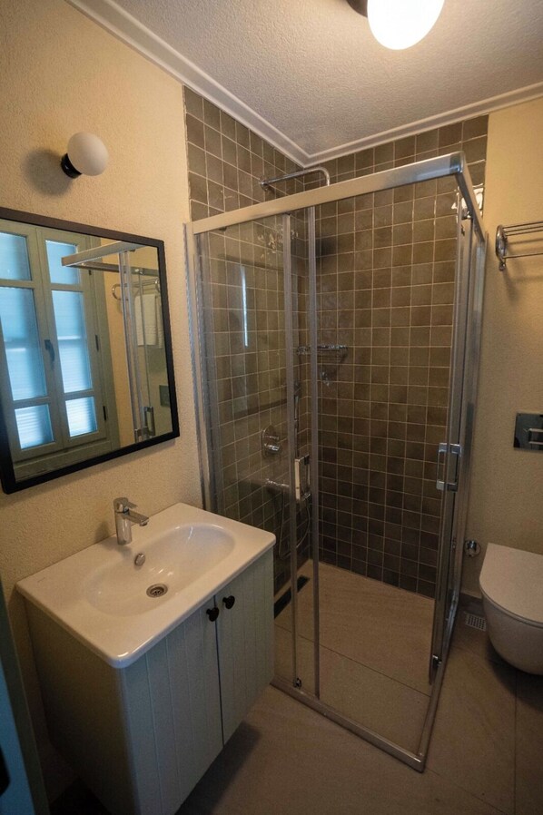 A bathroom with a glass-enclosed shower, a sink with a mirror above it, and a toilet.