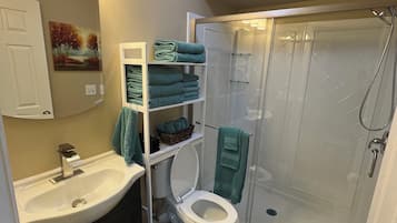 Shower, hair dryer, towels, soap