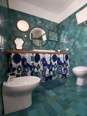 Shower, hair dryer, bidet, towels