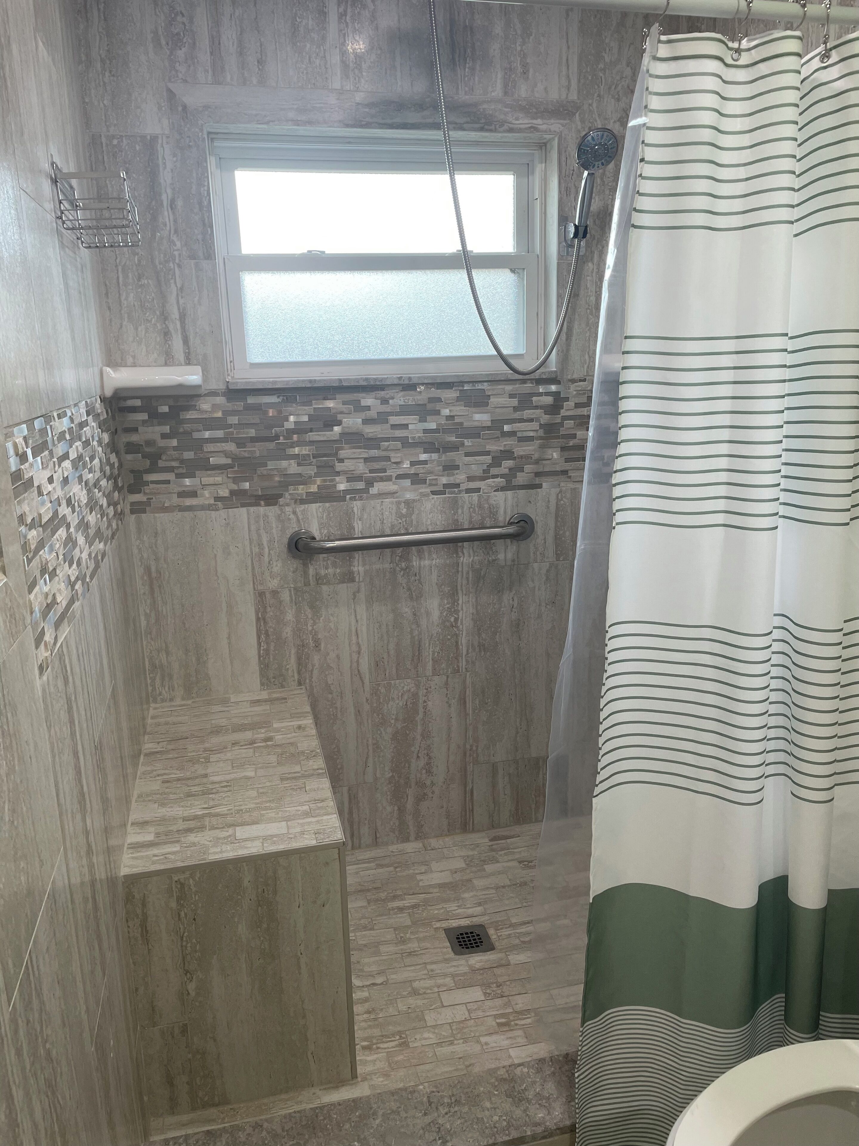 Hair dryer, towels, soap, shampoo