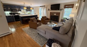 Smart TV, fireplace, books