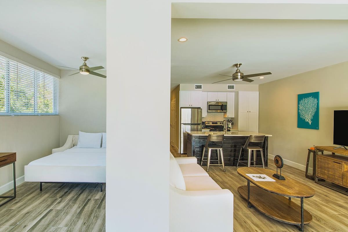 A modern apartment with a living room, kitchenette, and a bedroom.