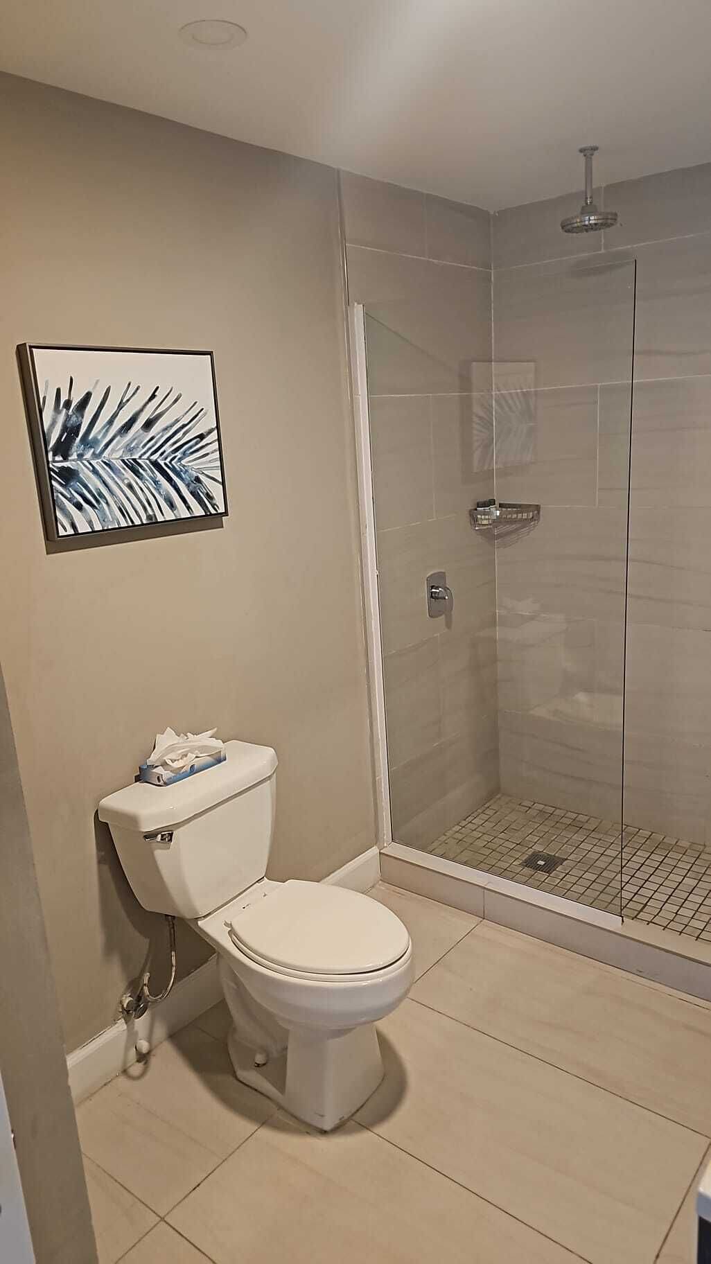A bathroom with a toilet, a glass shower enclosure, and a framed picture on the wall.