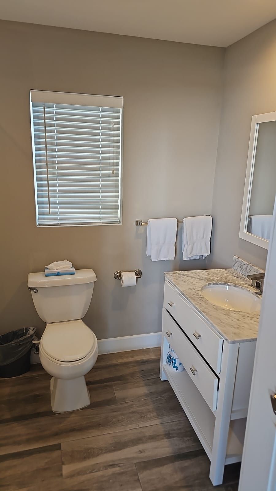 A bathroom with a toilet, sink, and window with blinds.