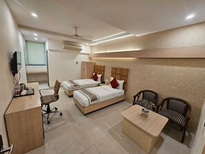 Desk, laptop workspace, free WiFi, bed sheets