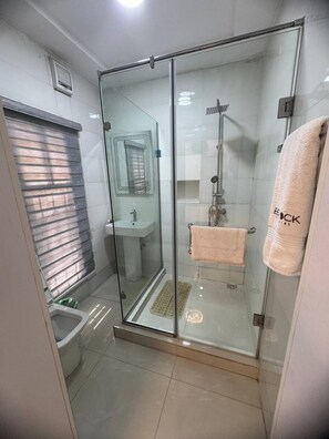 Une salle de bain moderne avec une douche à l’italienne, des toilettes et un lavabo.