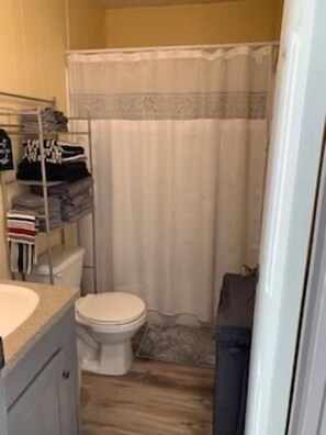 Hair dryer, towels, toilet paper