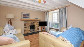 A cozy room with a fireplace, a sofa, a television, and a window with curtains. - 2 Porthilly Cottages (Wadebridge)