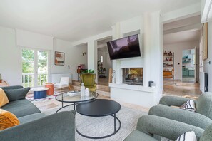 Fernseher, Kamin, Bücher, Arbeitsbereiche