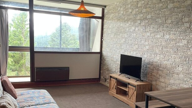 A room with a sofa, a TV on a wooden stand, a table, and a large window with a view of trees.
