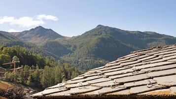 A mountainous landscape with a traditional tiled roof, likely part of a building or structure.