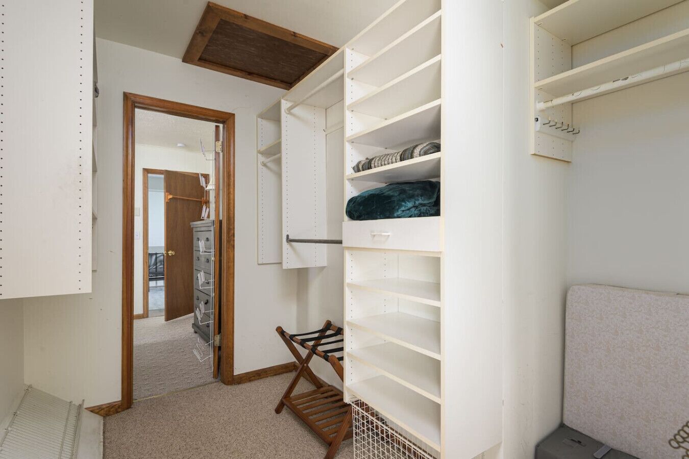 A walk-in closet with open shelving, a wooden ladder, and a door leading to another room.
