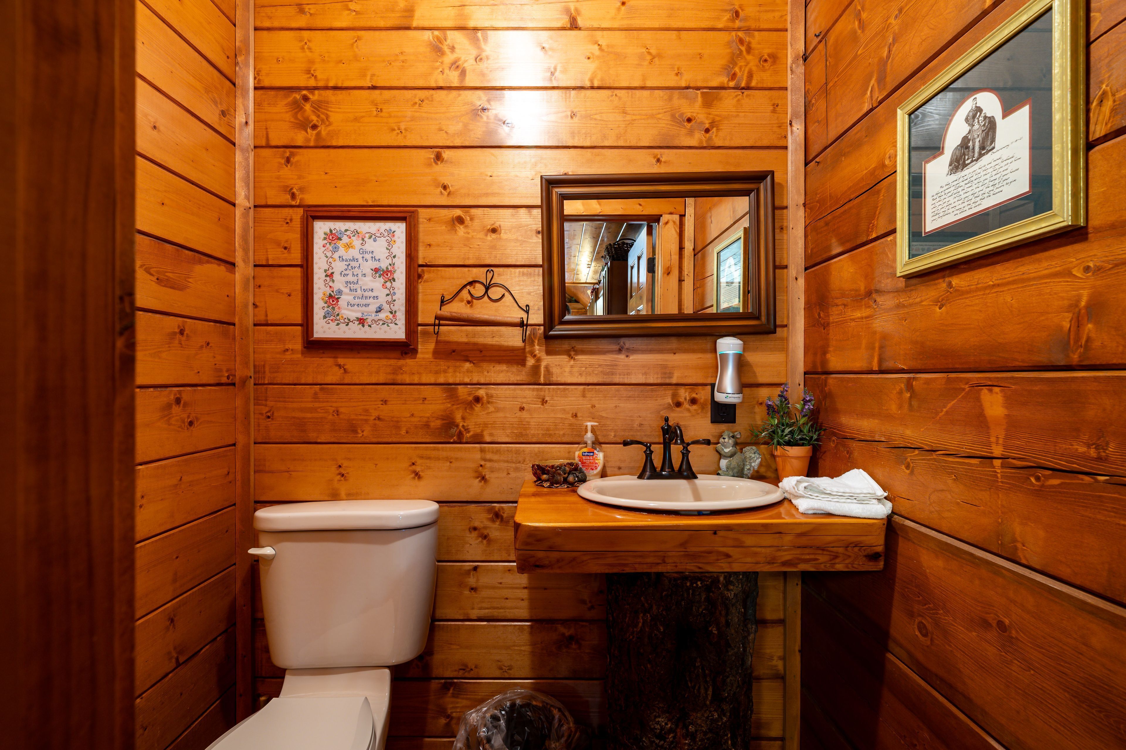 Ein Badezimmer mit Holzwandverkleidung, Toilette, Waschbecken und Spiegel.