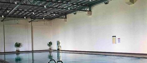 An indoor swimming pool with clear water, metal railings, and potted plants.