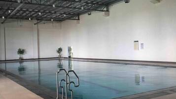 An indoor swimming pool with clear water, metal railings, and potted plants.