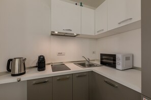Fridge, microwave, coffee/tea maker, electric kettle