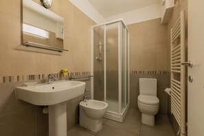 Shower, hair dryer, bidet, towels