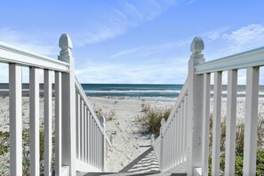 On the beach, sun-loungers, beach towels