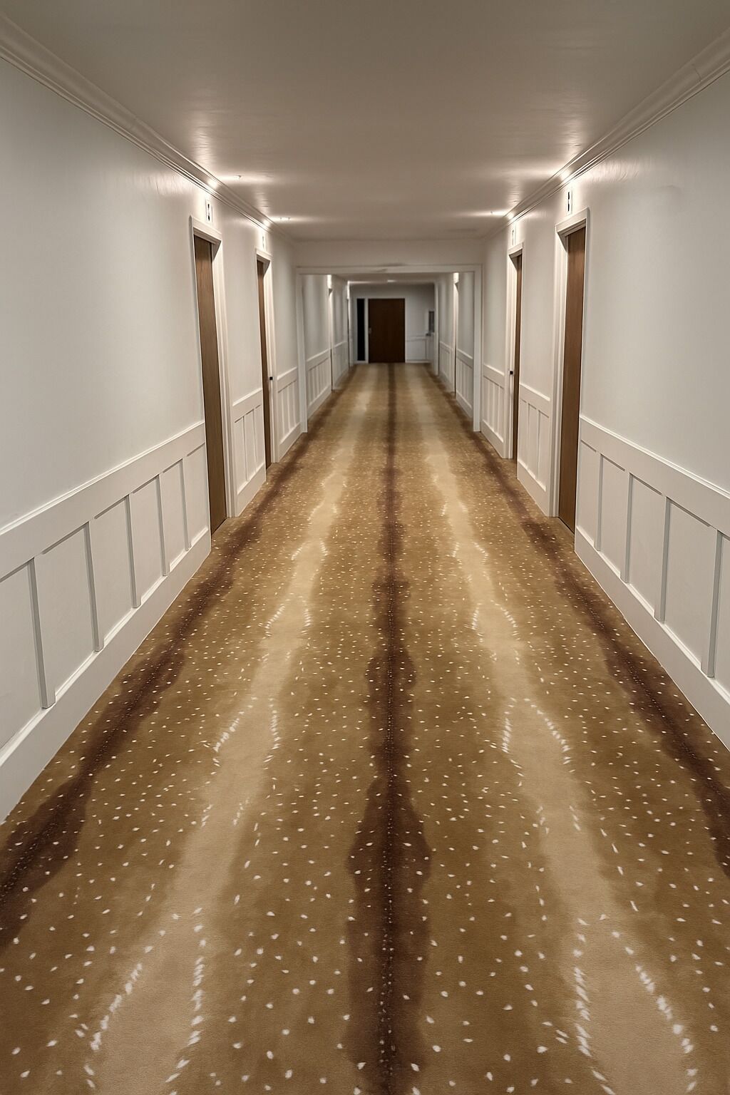 A long, narrow hallway with white walls and a patterned carpet.