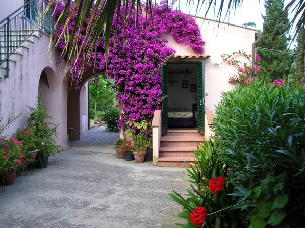Un sendero estrecho que conduce a un edificio, con una cama visible a través de una puerta abierta.
