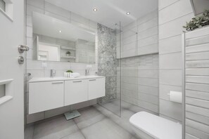 Shower, hair dryer, towels, shampoo