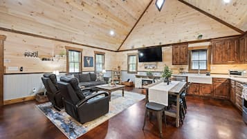 Smart TV, fireplace, books
