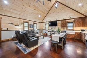 Smart TV, fireplace, books