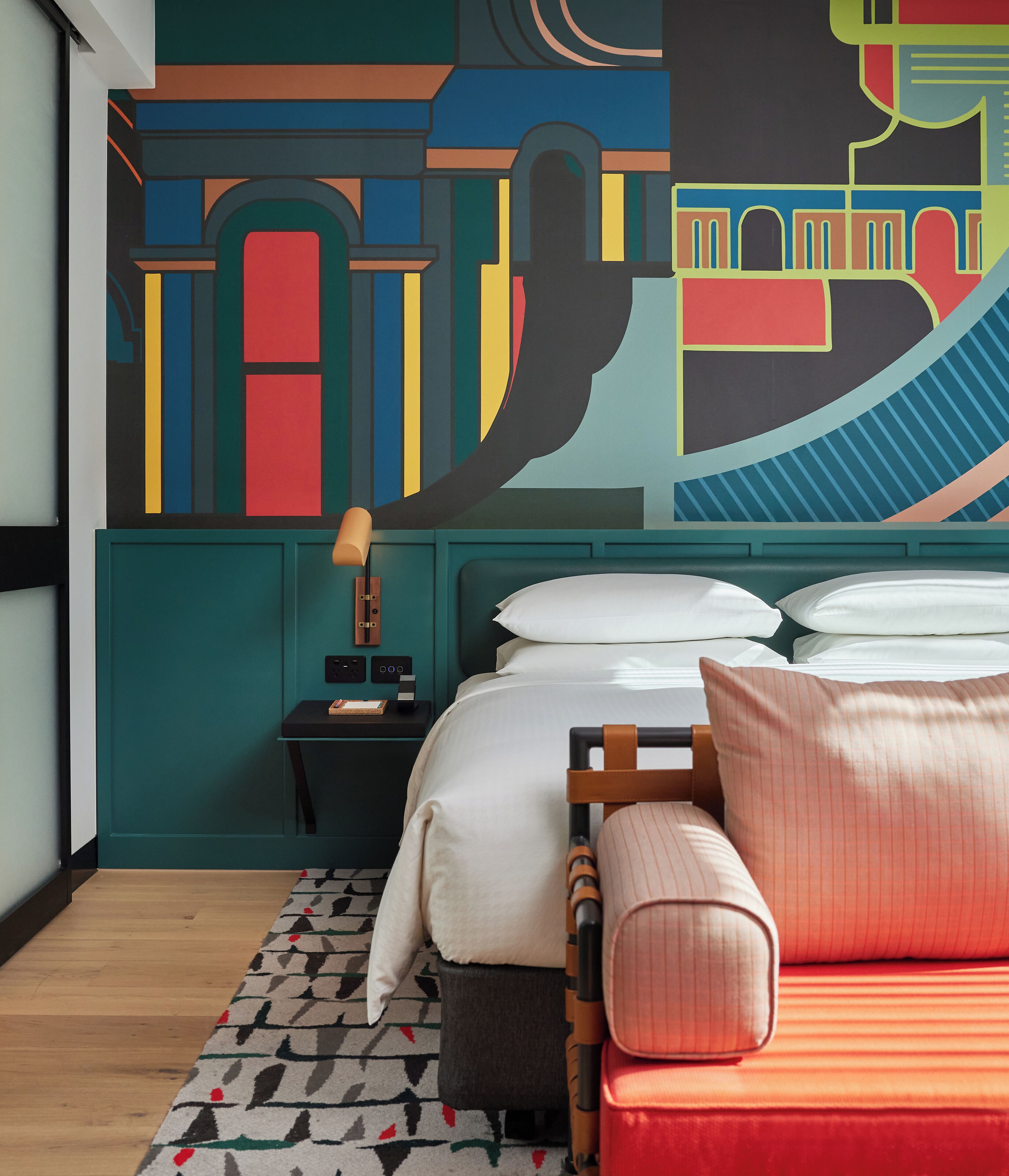 Premium bedding, desk, laptop workspace, soundproofing