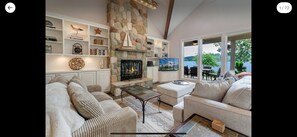 Smart TV, fireplace, books