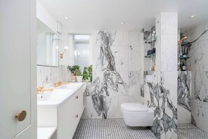 Shower, hair dryer, towels