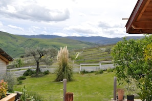 Paisaje rural con una valla de madera, un campo cubierto de hierba y montañas a lo lejos.