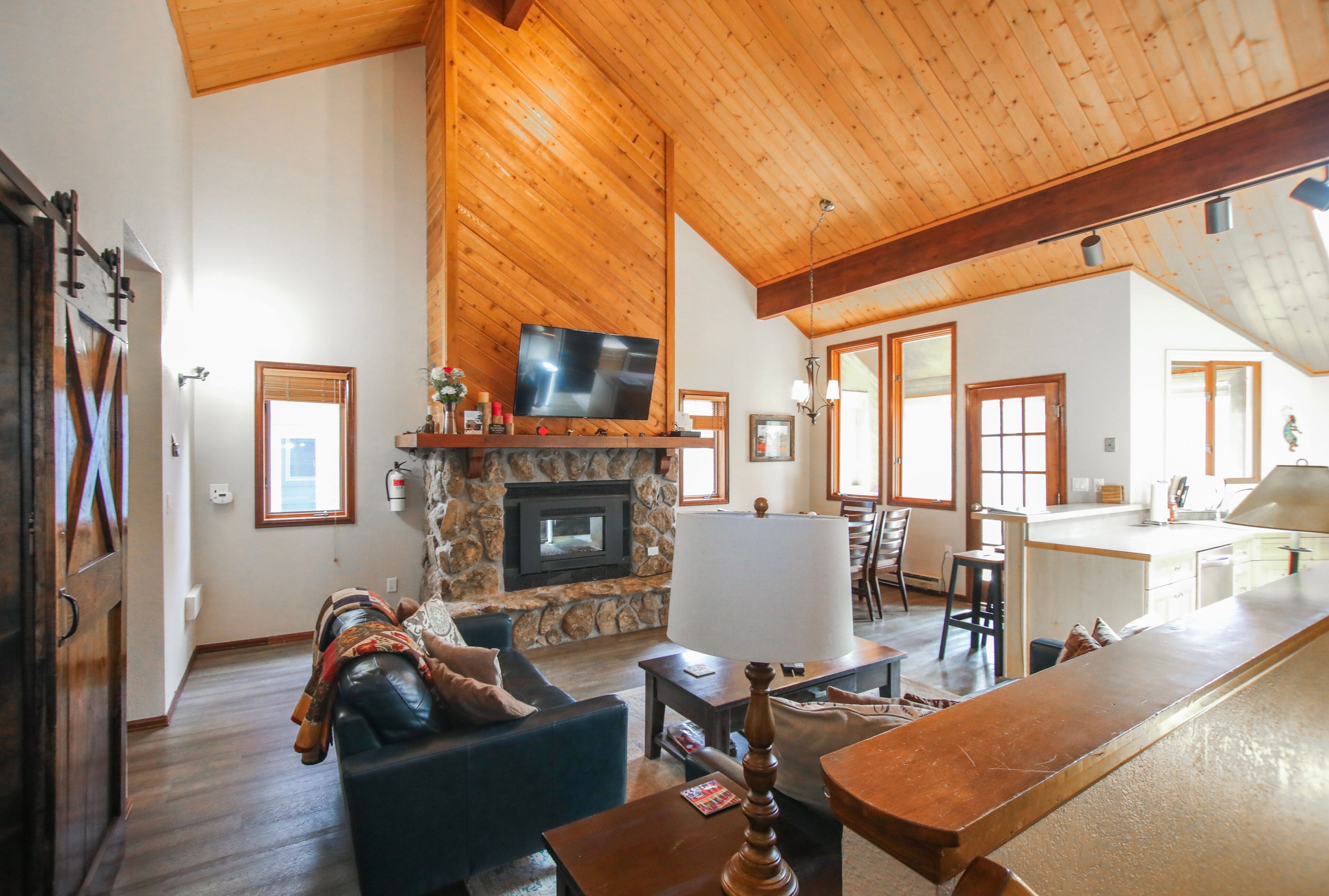 TV, fireplace, books, offices