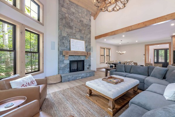 TV, fireplace, books, offices