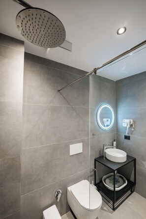 Een moderne badkamer met douche, toilet en wastafel.