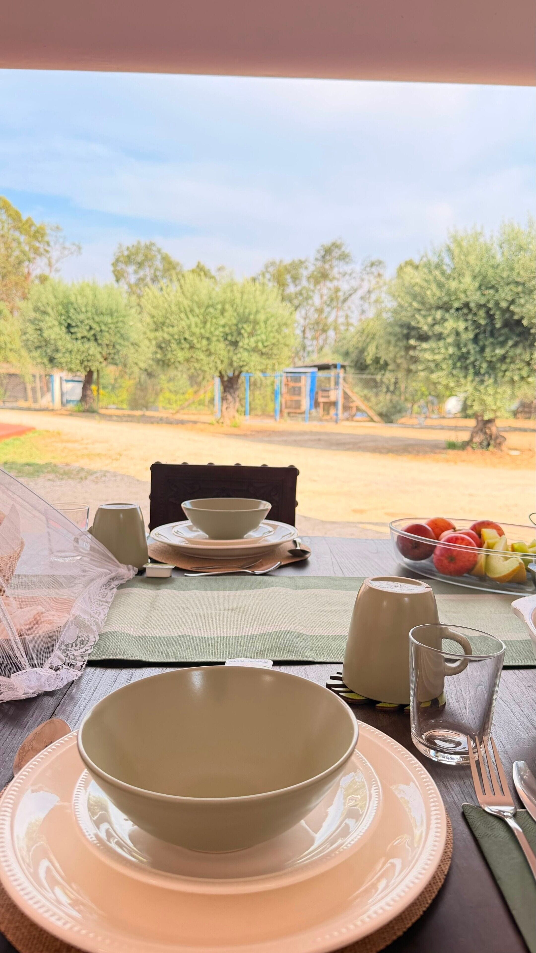 A table set for two with a bowl, plates, cutlery, a glass, and a fruit bowl.