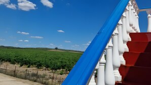 Una escalera con balaustres blancos y peldaños rojos, que conduce a una barandilla azul, frente a un cielo azul despejado con nubes dispersas.