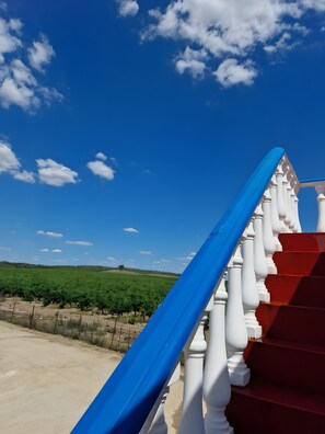 Una escala amb barana blanca i graons vermells que condueix a una barana blava, davant d'un cel blau clar amb núvols dispersos.