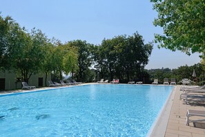 Ein rechteckiger Pool mit klarem, blauem Wasser, umgeben von weißen Liegestühlen und Bäumen.