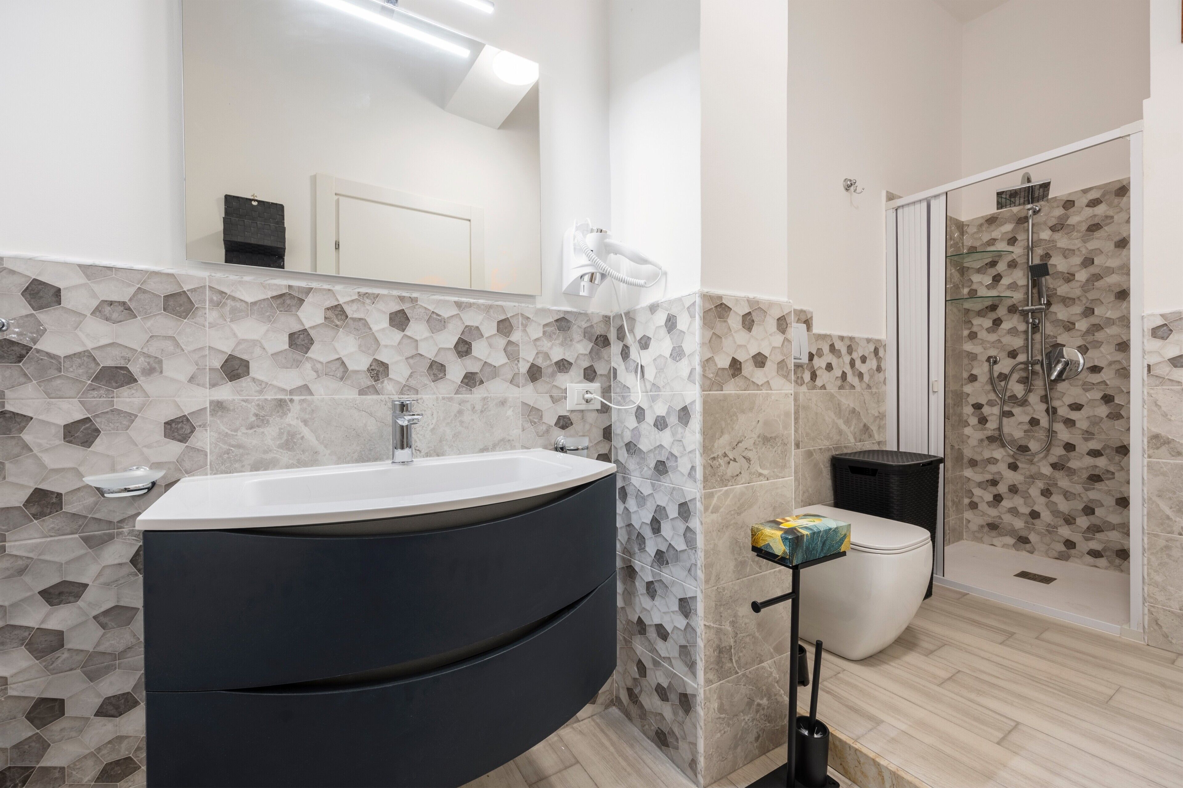 Shower, hair dryer, towels