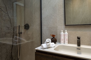 Regadera, secadora de cabello, bidet, toallas