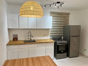 Frigorífico, microondas, horno y placa de cocina