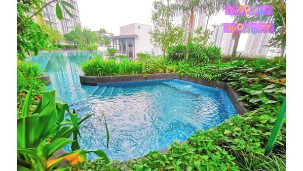 Uma piscina rodeada por vegetação exuberante e edifícios modernos ao fundo.