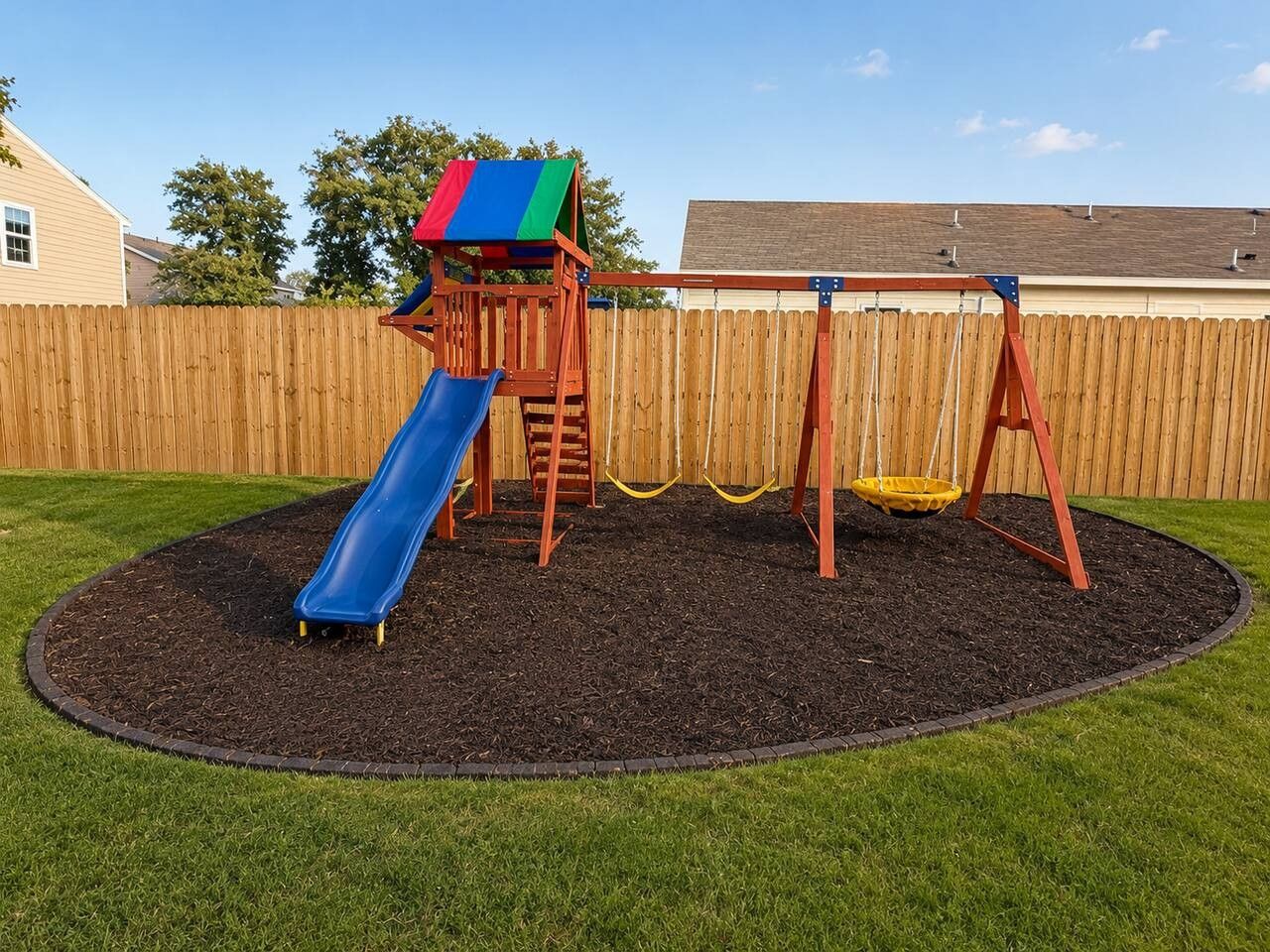 A playground with a slide, swings, and a climbing structure.