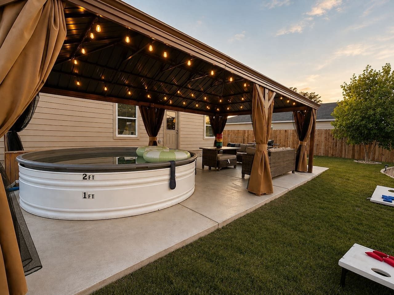 Un patio techado al aire libre con jacuzzi, zona de estar y luces colgantes.