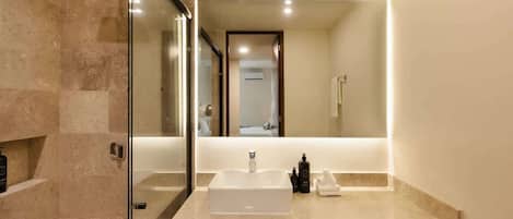 Shower, hair dryer, shampoo