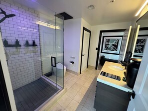 Shower, hair dryer, bidet, towels