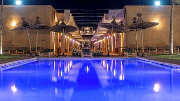 Outdoor pool, pool umbrellas, pool loungers